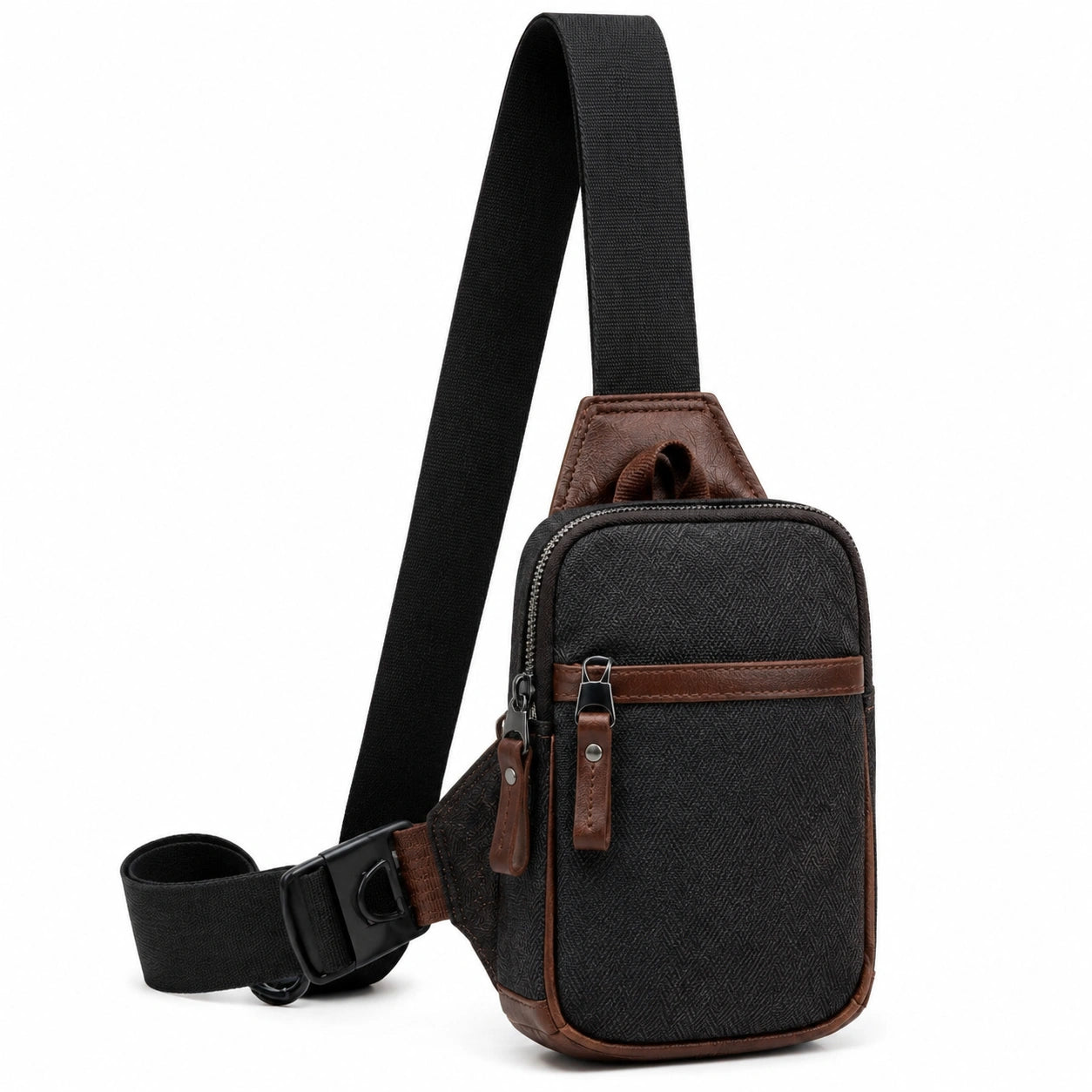 Bolso bandolera 18 x 12 x 6 cm de piel sintética negra y marrón con bolsillos con cremallera