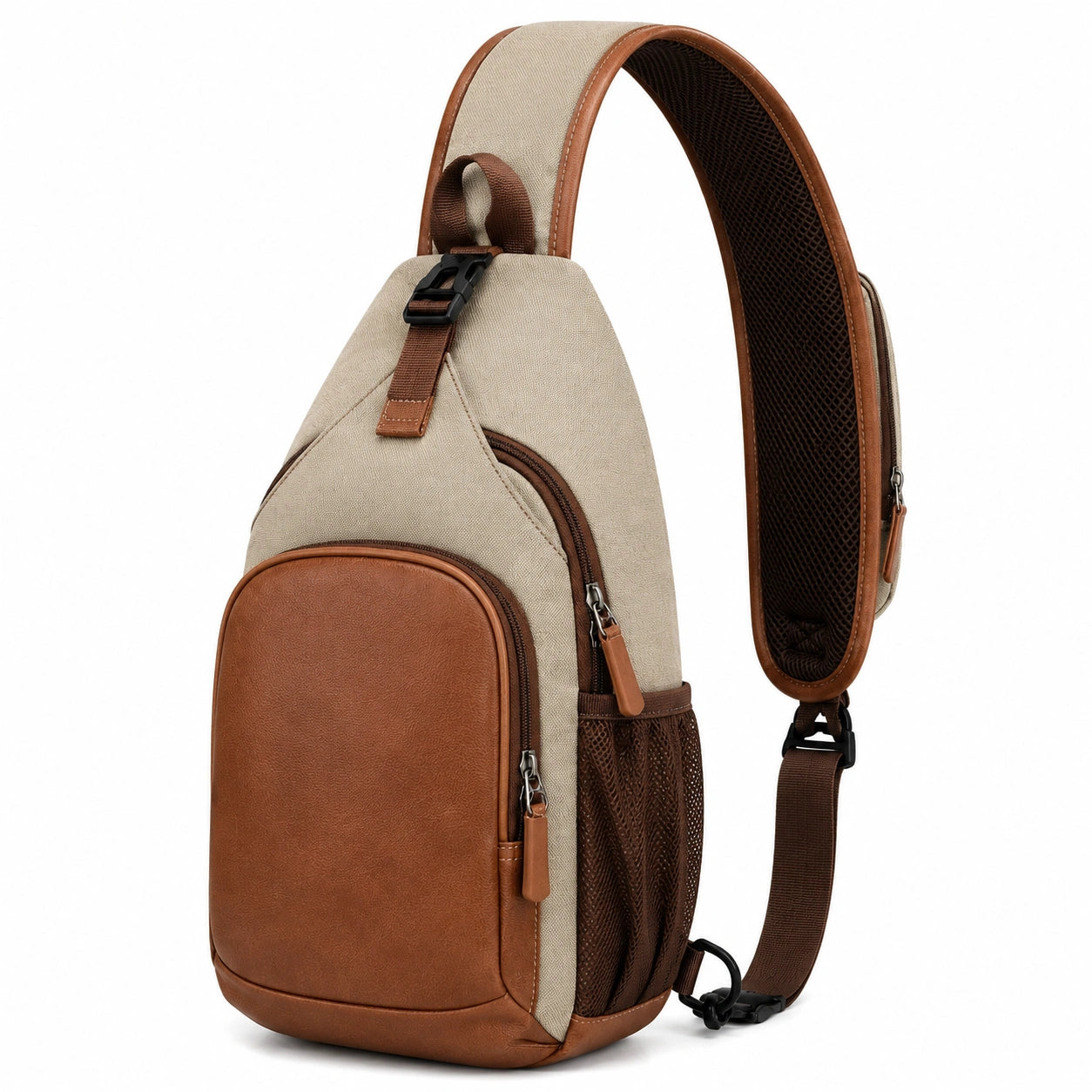 Mochila bandolera 30 x 18 x 8 cm de lona beige y poliuretano marrón para uso urbano