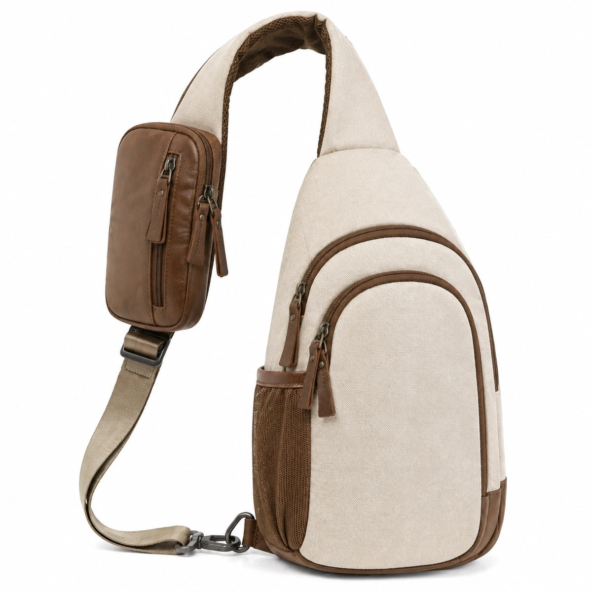 Mochila bandolera 18 x 8 x 33 cm de lona beige y material sintético marrón con bolsillos y correa ajustable