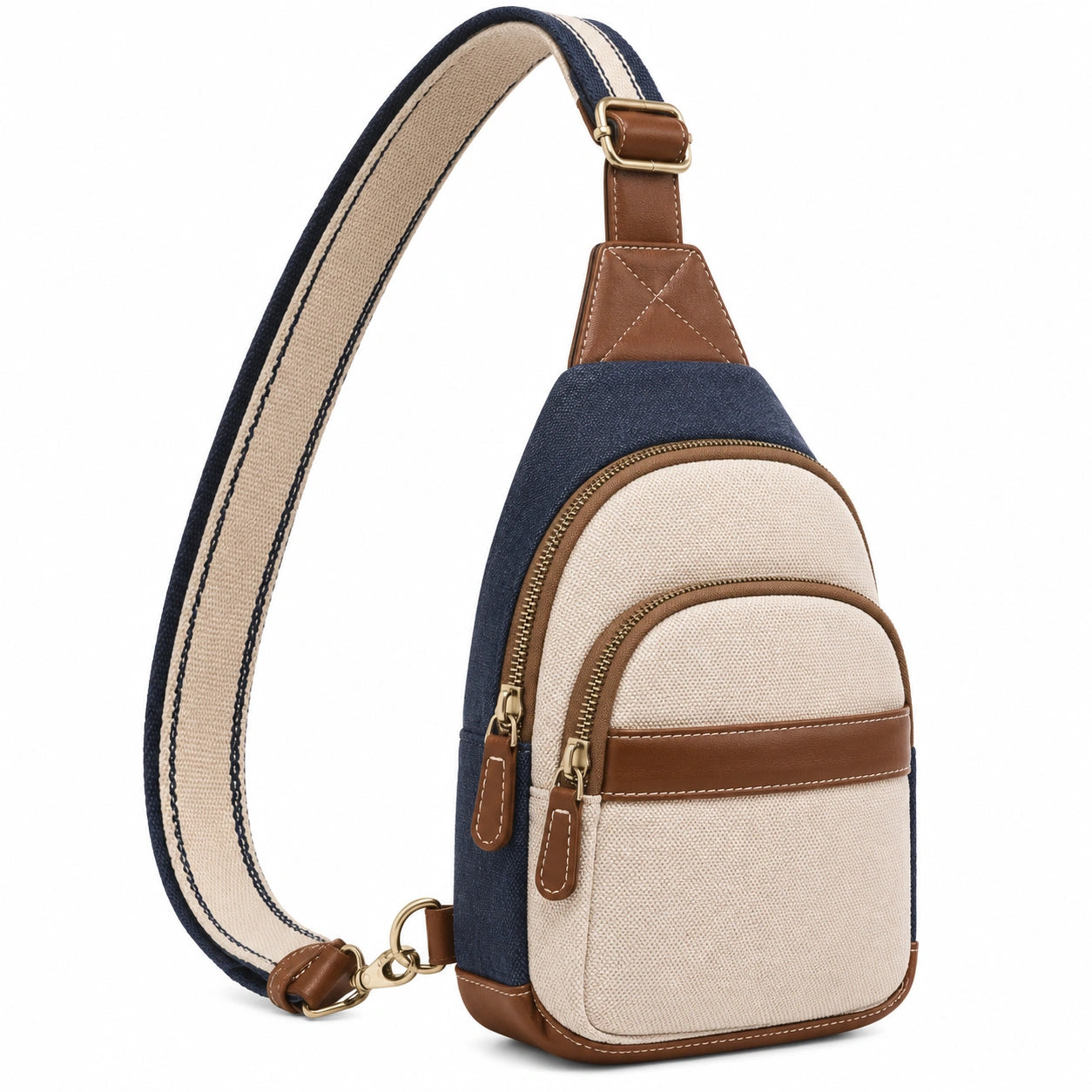Bolso bandolera 18 x 8 x 31 cm de tejido beige y azul marino con bolsillos con cremallera