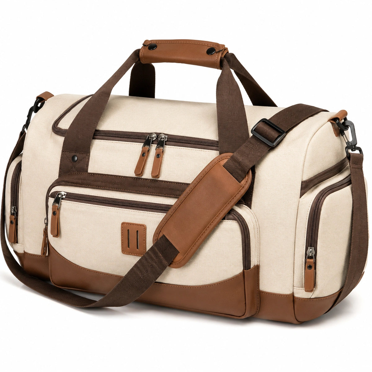 Bolsa de viaje 50 x 25 x 28 cm de lona beige y piel sintética con bandolera ajustable