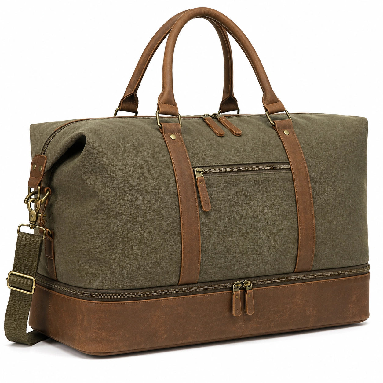 Bolsa de viaje 50 x 25 x 35 cm de lona verde y piel sintética marrón con compartimento inferior