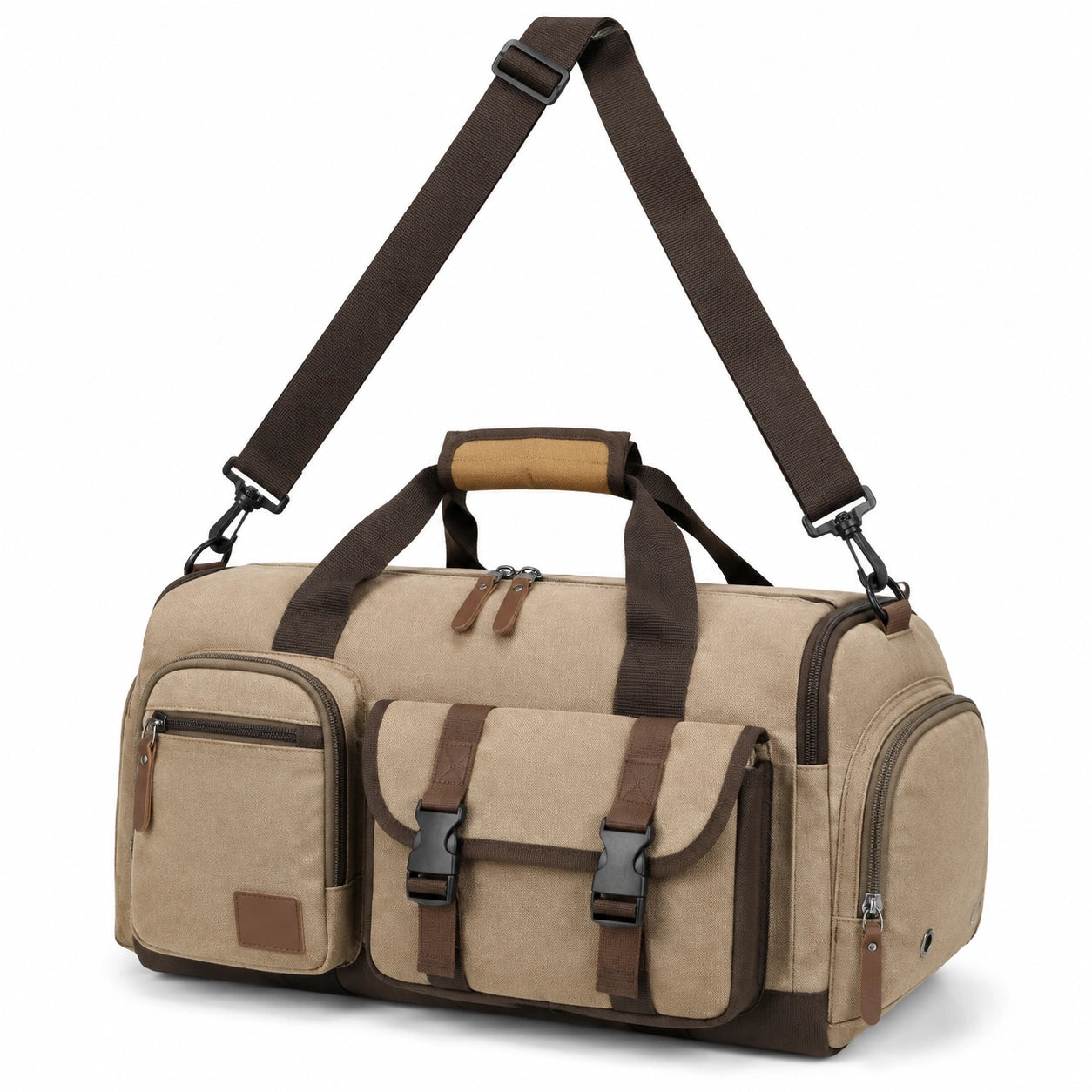 Bolsa de viaje 50 x 25 x 30 cm de lona beige y marrón con bolsillos y correa ajustable