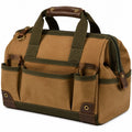 Bolsa de herramientas 40 x 20 x 30 cm de lona marrón y verde con cremallera y bolsillos exteriores