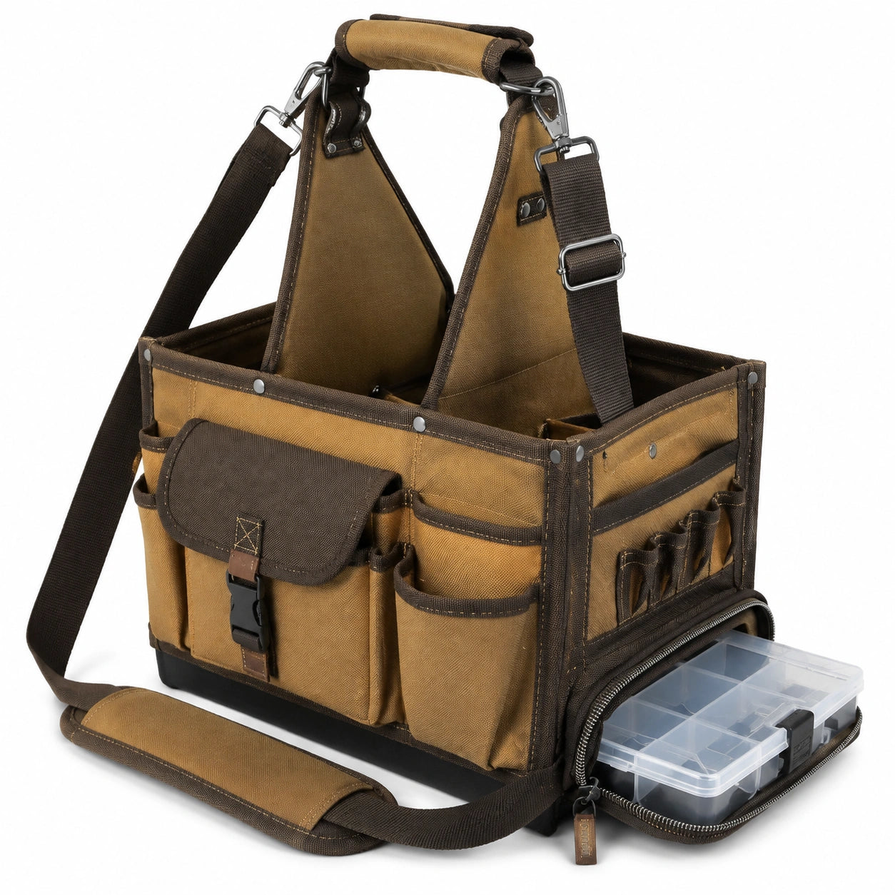 Bolsa de herramientas 40 x 22 x 30 cm de lona marrón con organizador y bandolera