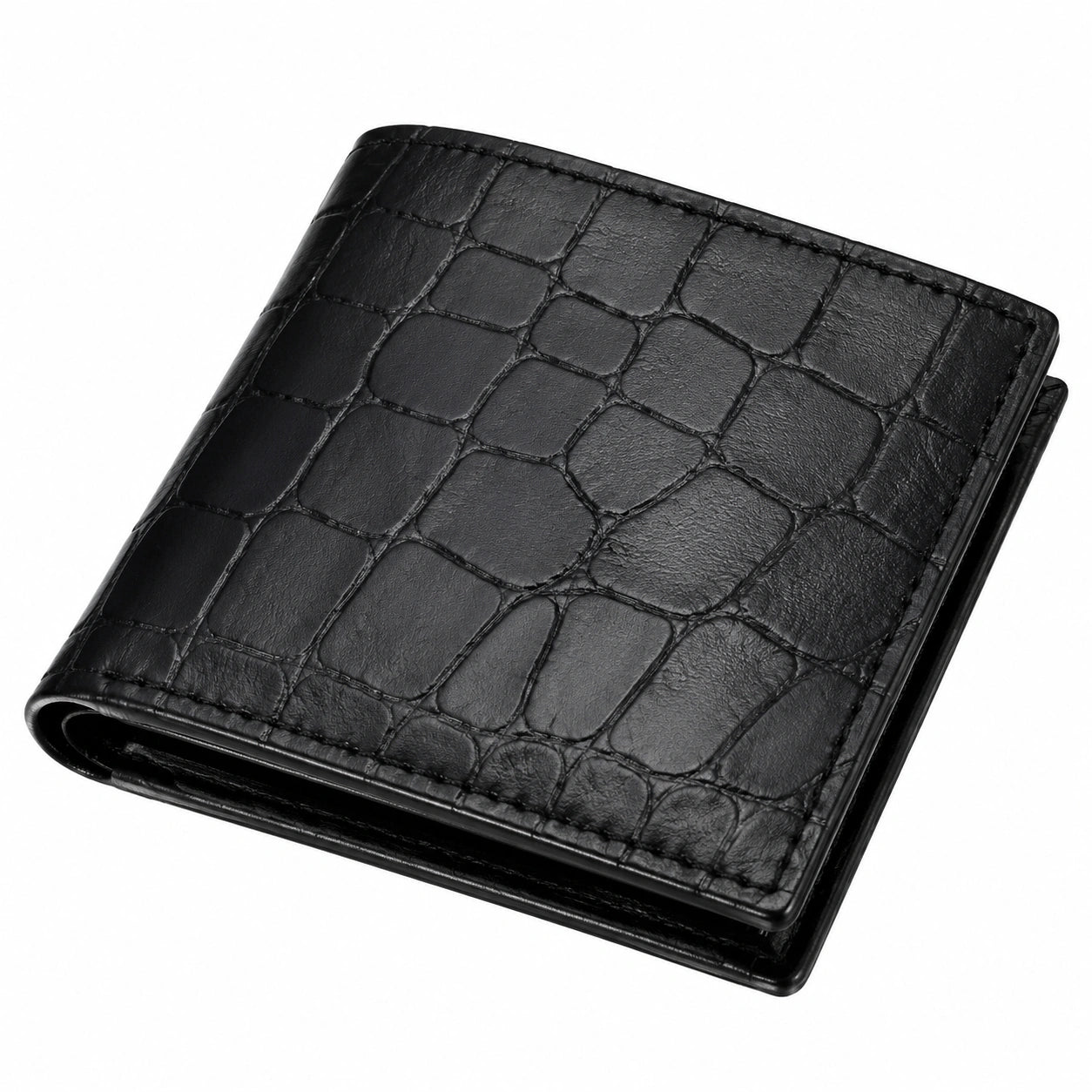 Cartera plegable 11 x 9 x 2 cm de material sintético negro con textura de cocodrilo - compacta