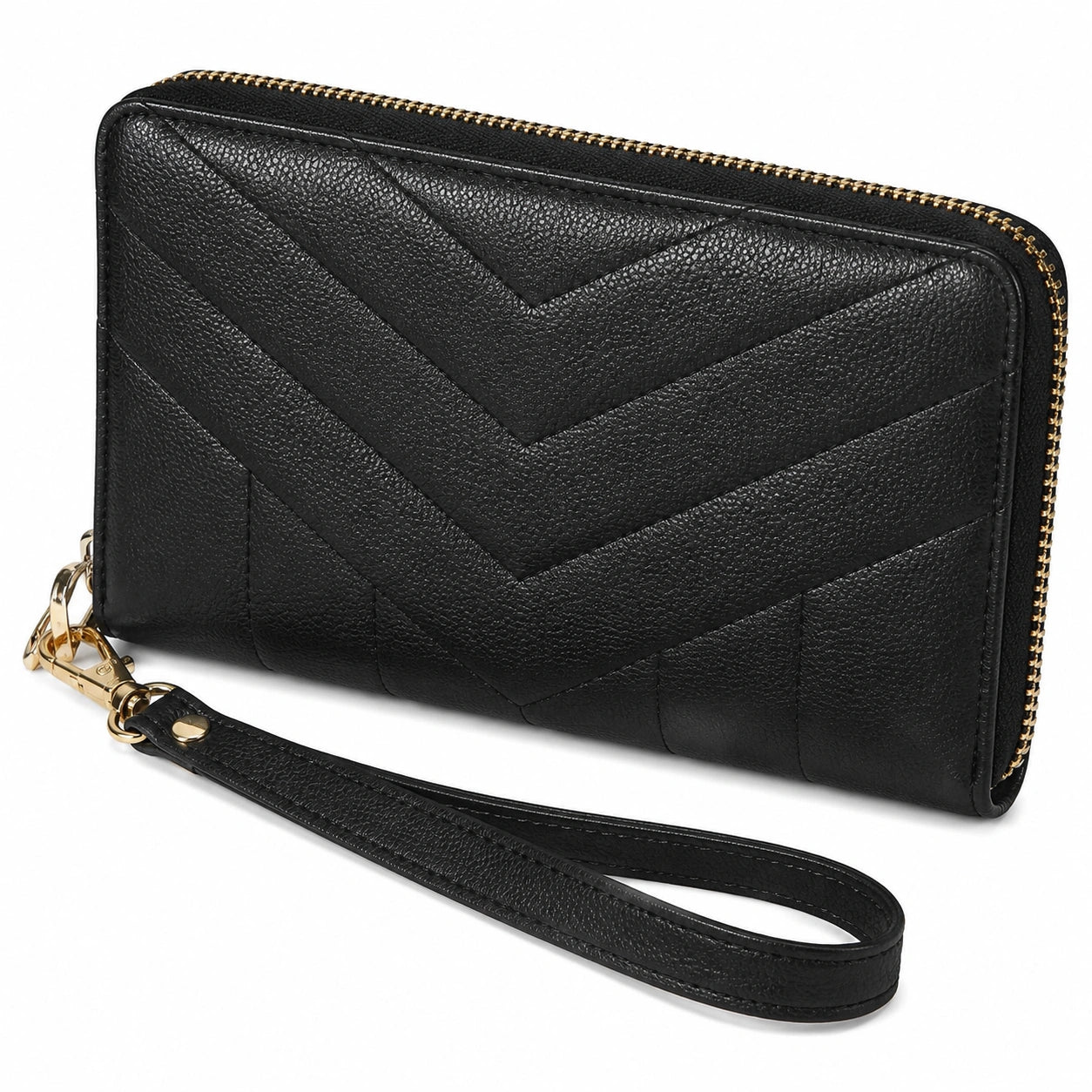Cartera de mano 20 x 10 x 2 cm de piel sintética negra con cremallera y correa de muñeca