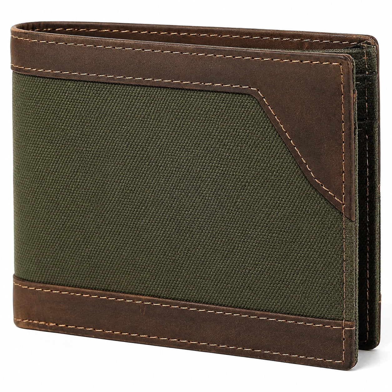 Cartera plegable 12 x 9.5 x 2 cm de tejido y material tipo piel verde y marrón para hombre