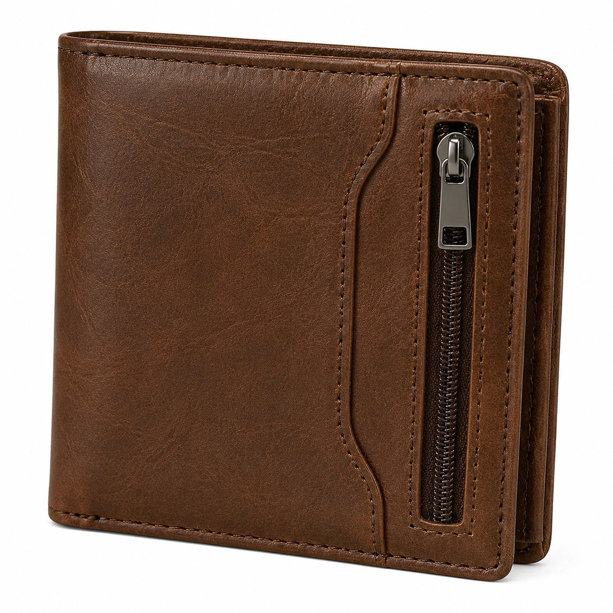 Cartera plegable 12 x 10 x 2 cm marrón material de aspecto cuero con cremallera estilo clásico