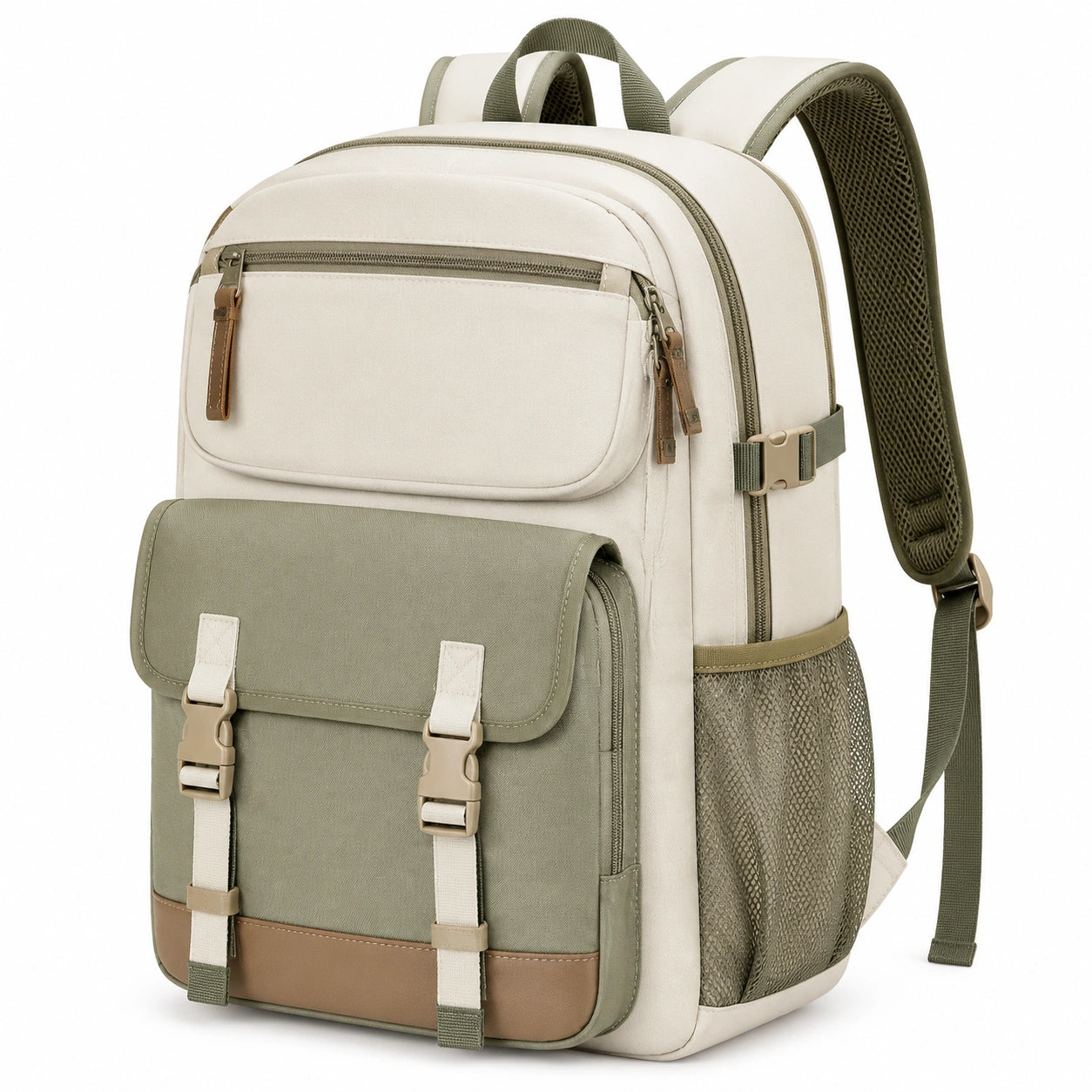 Mochila 32 x 18 x 45 cm de tejido sintético beige y verde con compartimentos para uso diario