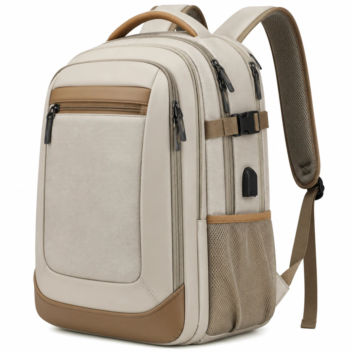 Mochila 32 x 18 x 47 cm de tejido beige y marrón para viaje con compartimentos