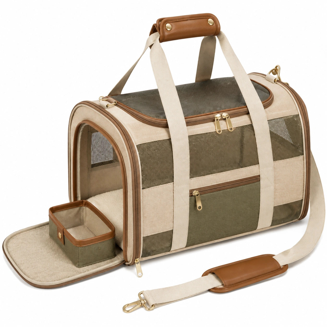 Transportín para mascotas 45 x 28 x 30 cm de tela beige con malla y correa ajustable