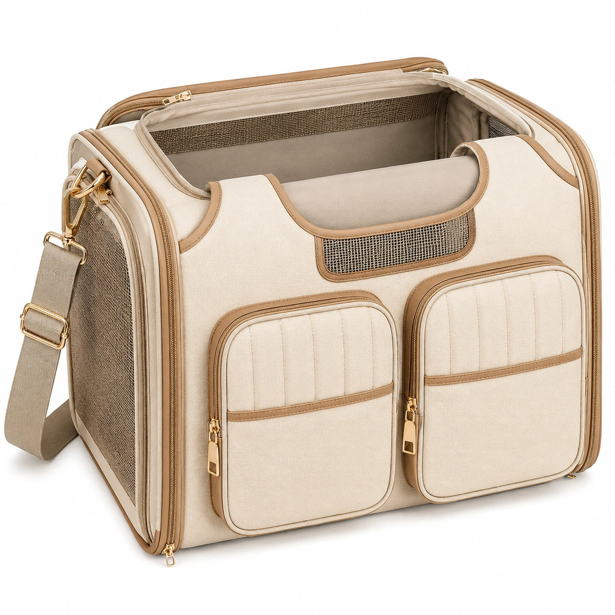Bolsa transportín para mascotas 45 x 28 x 30 cm de tela beige con malla y bandolera ajustable