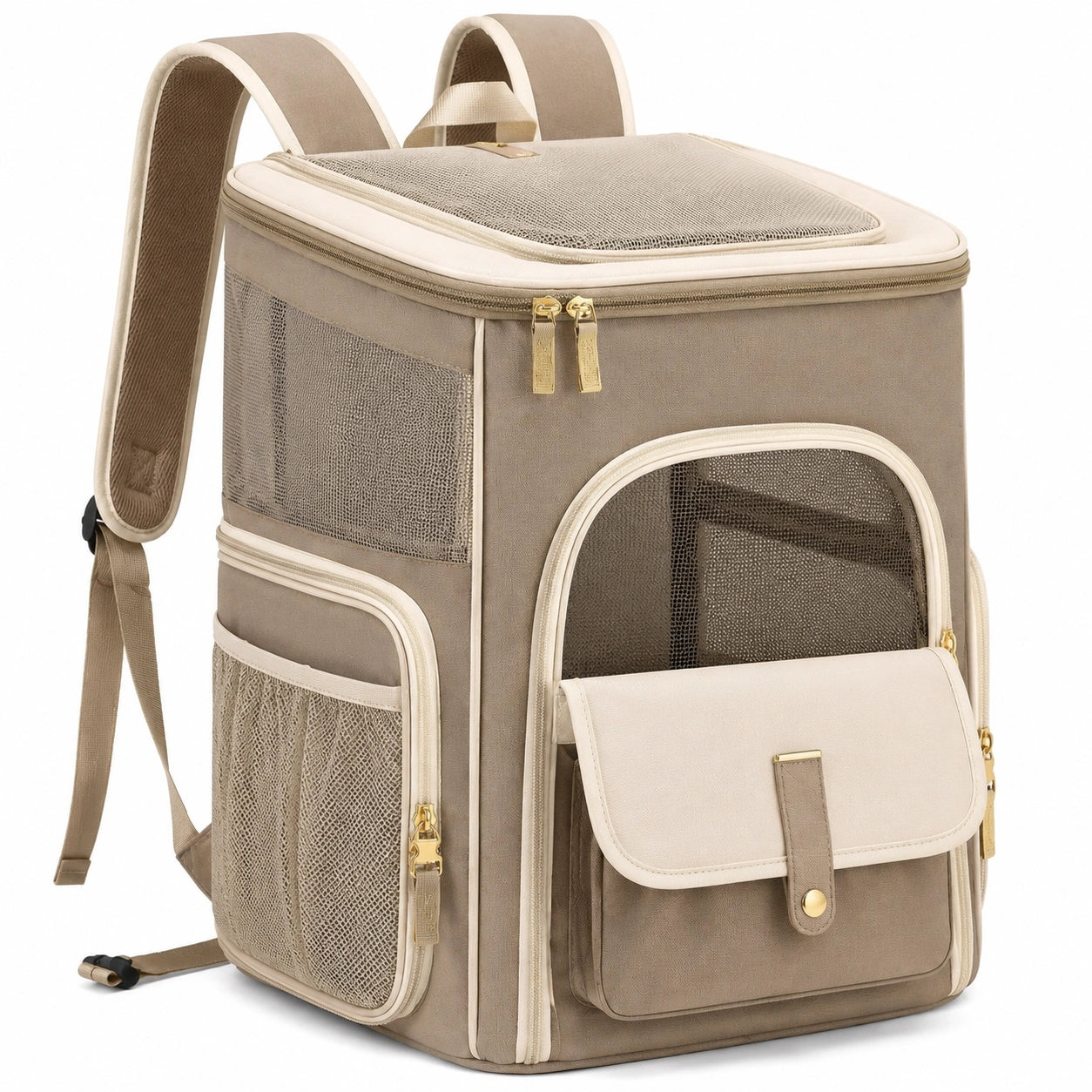 Mochila transportín para mascotas 42 x 30 x 45 cm de tela y malla beige con bolsillos para viaje