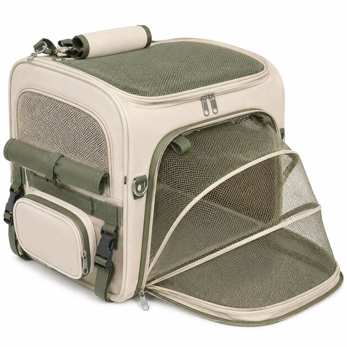 Transportín para mascotas 45 x 30 x 32 cm de poliéster beige y verde con malla extensible