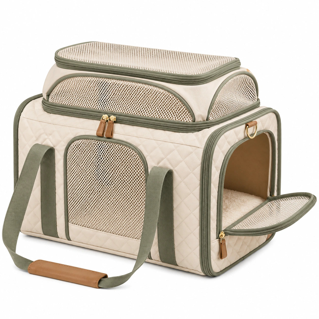 Transportín para mascotas 45 x 28 x 30 cm de poliéster beige y verde con malla ventilada plegable