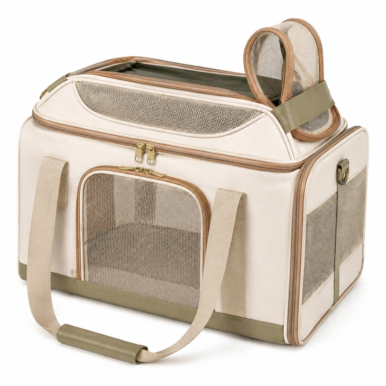 Bolsa transportadora para mascotas 45 x 30 x 30 cm de tela beige con malla transpirable y asas