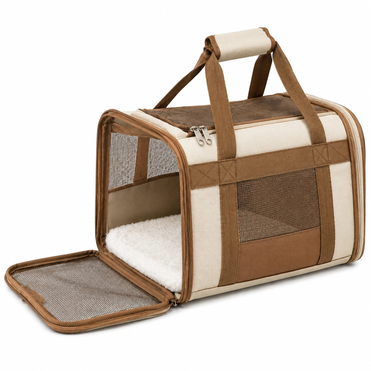 Transportín para mascotas 45 x 28 x 28 cm de tejido beige y marrón con malla y asa acolchada