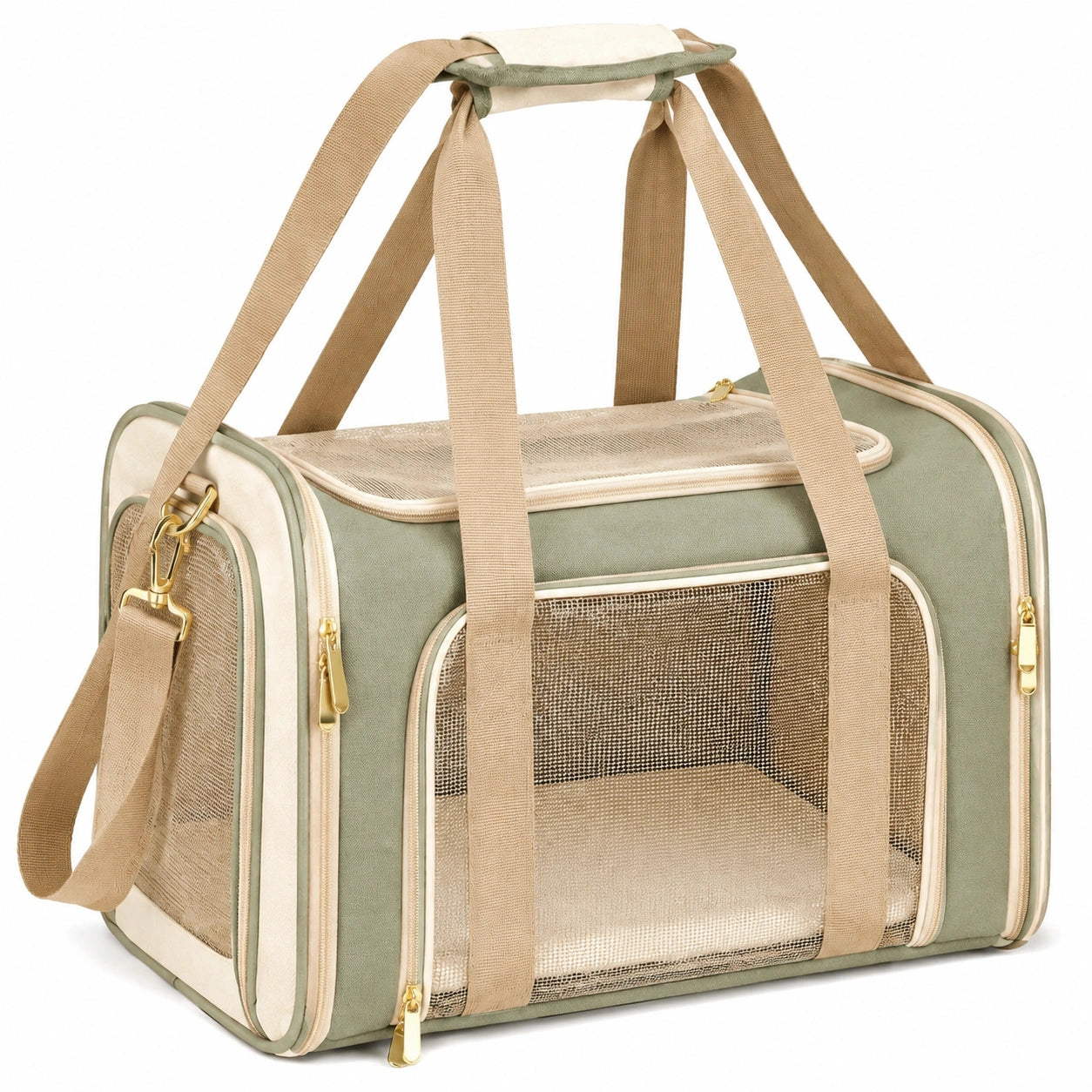 Bolsa transportín para mascotas 45 x 25 x 30 cm de tejido verde con malla y correa ajustable